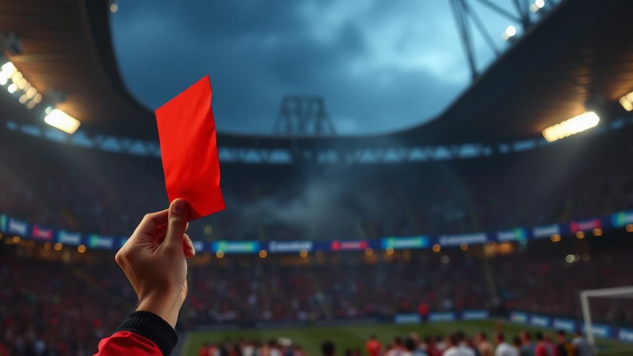 A referee holding up a red card in a floodlit World Cup stadium at dusk