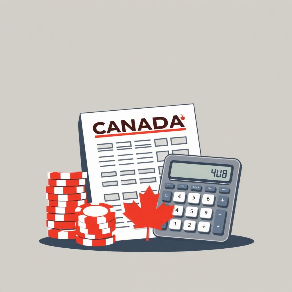 A Canadian tax form and calculator beside casino chips and a maple leaf