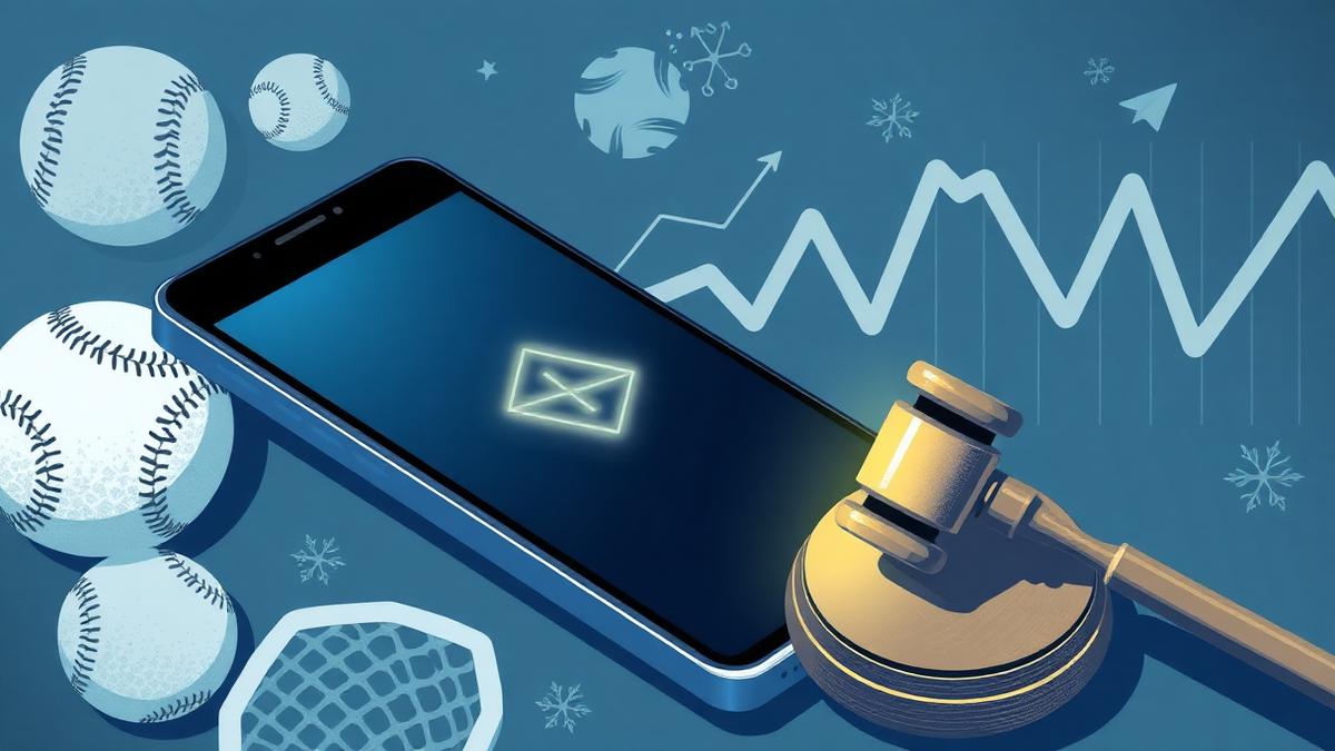 A sports betting app on a smartphone beside a gavel and a volatile financial chart