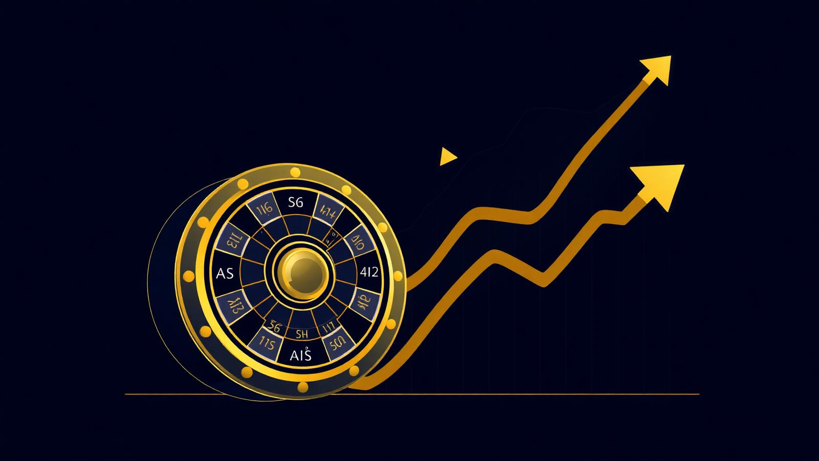A casino slot reel morphing into a rising financial chart with probability curves