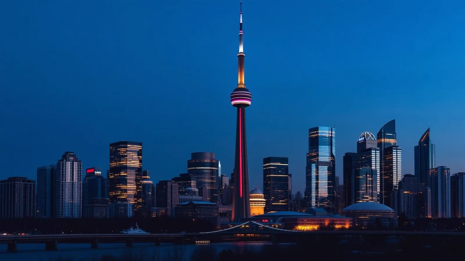 Toronto skyline at dusk with the CN Tower