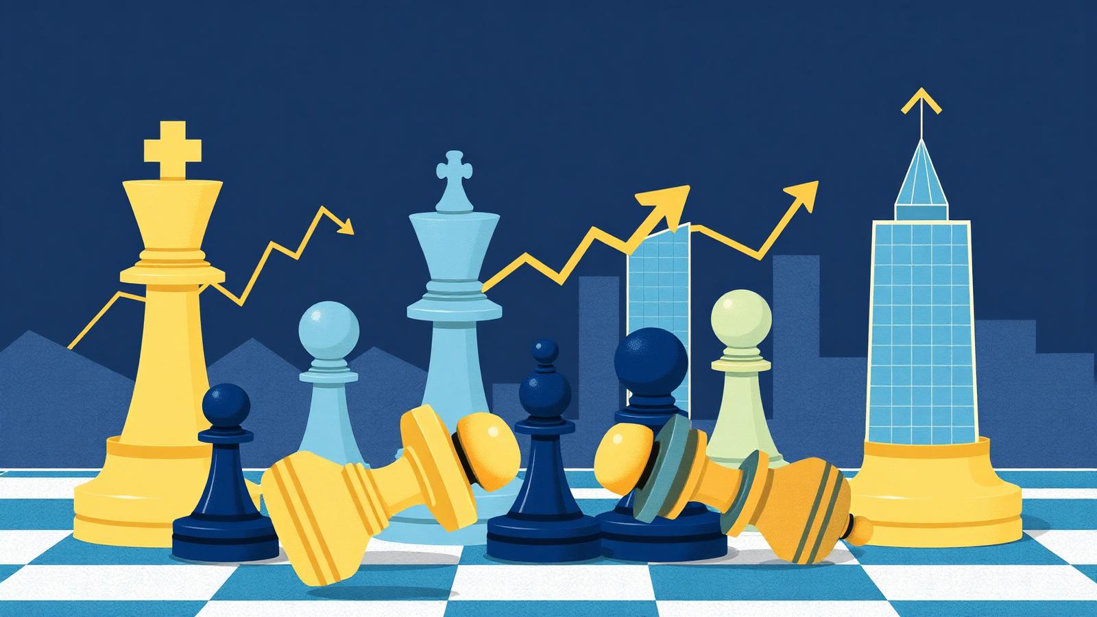 Chess pieces and merging glass corporate towers with rising financial arrows, representing consolidation in the online gambling industry