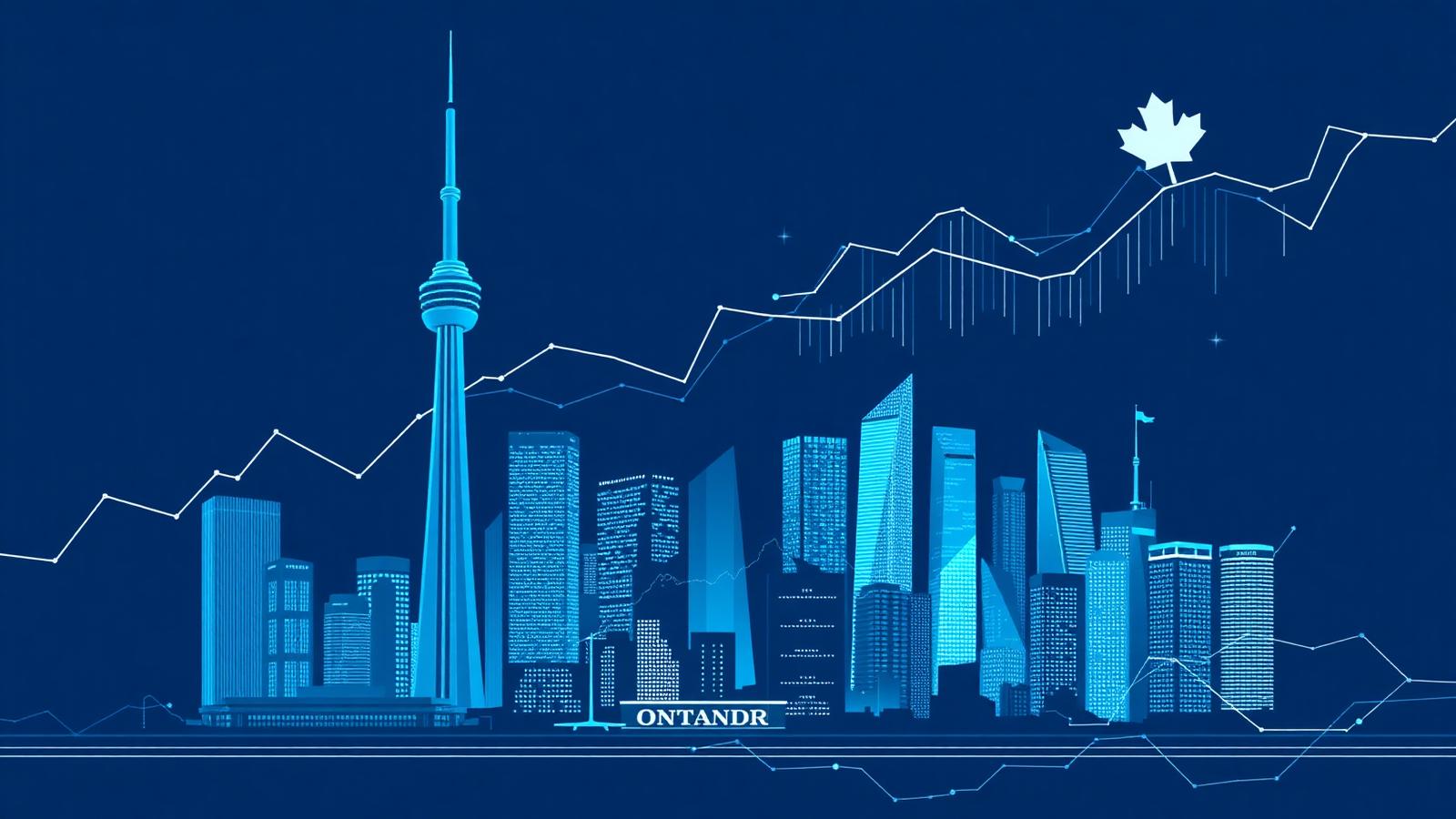 Toronto skyline with the CN Tower, rising financial charts and a Canadian maple leaf, representing Ontario's regulated iGaming economy