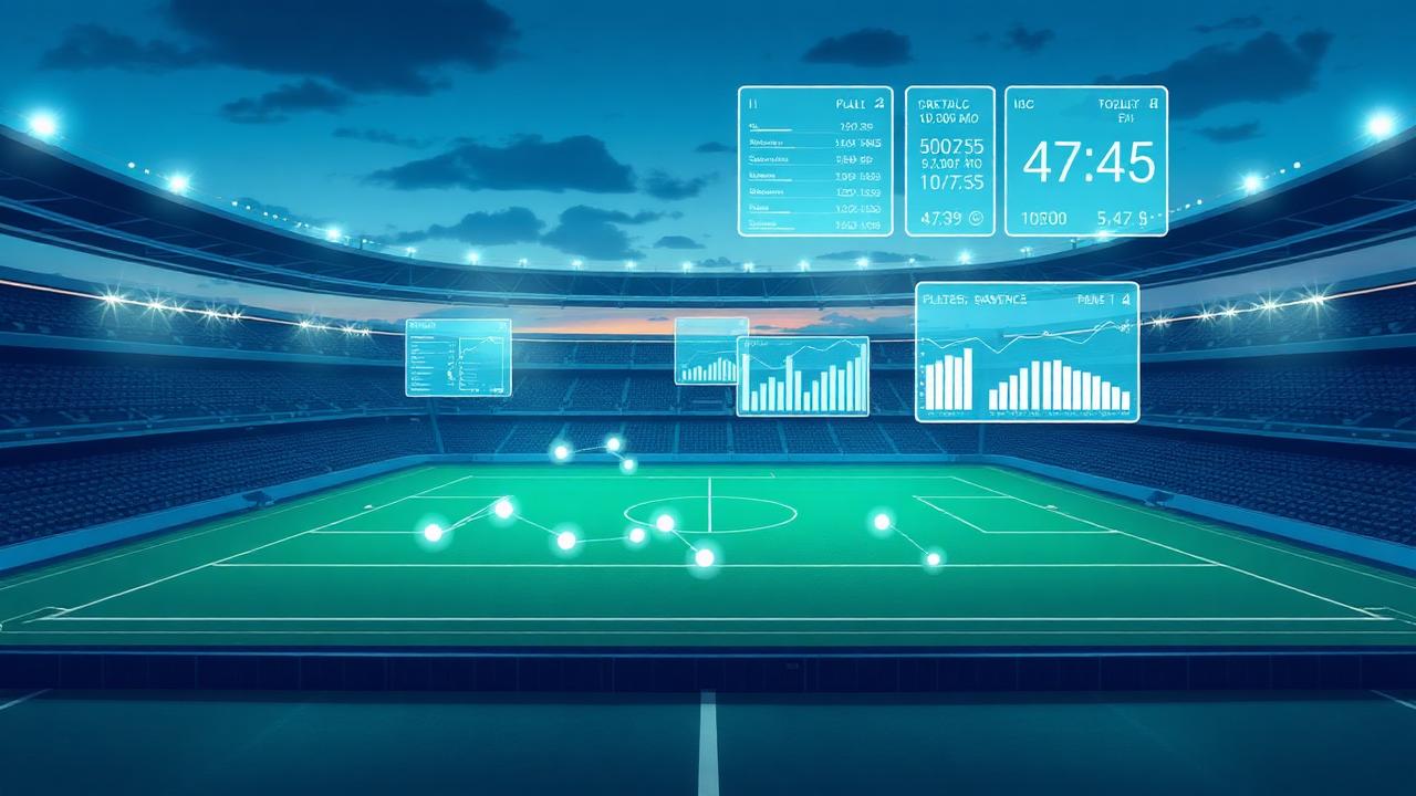 A soccer stadium at dusk overlaid with data visualizations, player tracking and statistical panels