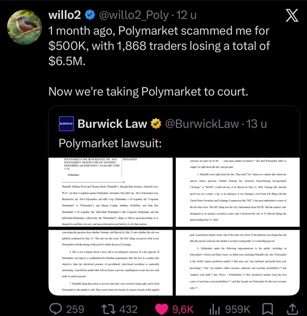 Screenshot of a tweet showing the Burwick Law Polymarket lawsuit complaint filed in New York