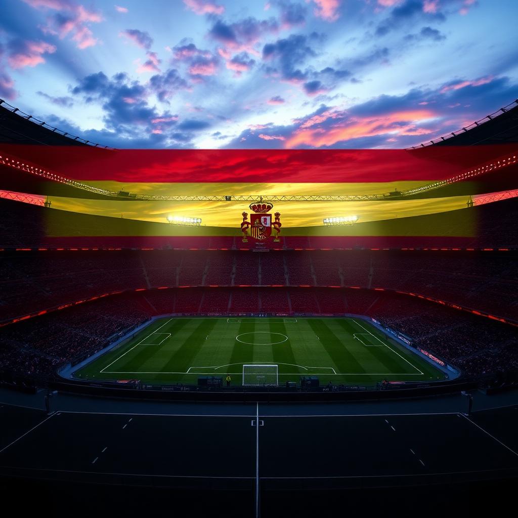 Stadium at dusk with Spain flag colours overlay after the World Cup semi-final